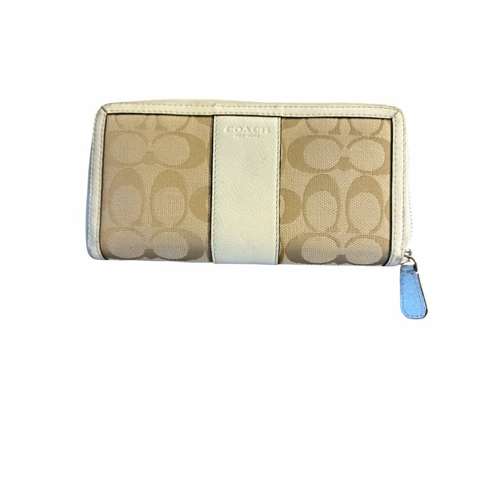 Coach Signature Accordion Zip Wallet Cream and White